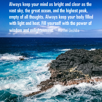 Always keep your mind as bright and clear as the vast sky, the great ocean, and the highest peak, empty of all thoughts. Always keep your body filled with light and heat. Fill yourself with the power of wisdom and enlightenment. Morihei Ueshiba
